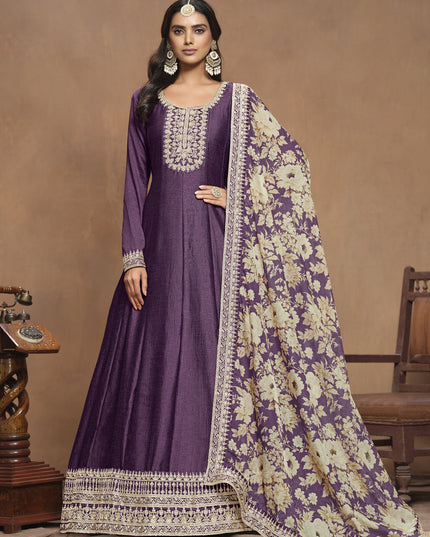 Burgundy Art Silk Embroidered Anarkali with Dupatta