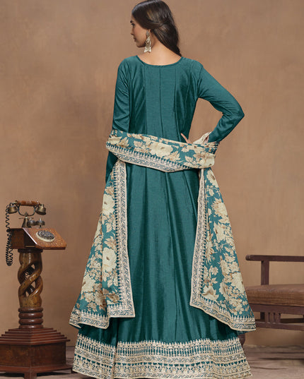 Peacock Green Art Silk Embroidered Anarkali with Dupatta