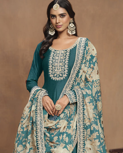Peacock Green Art Silk Embroidered Anarkali with Dupatta