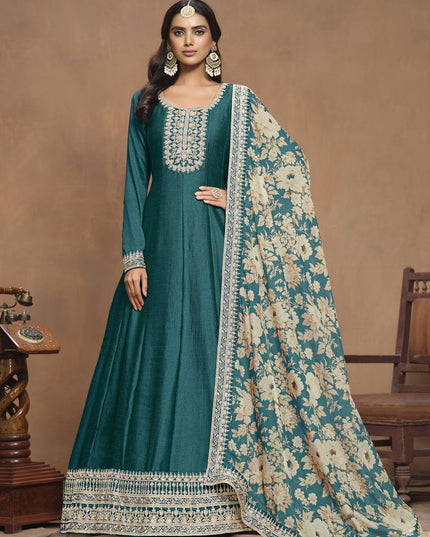 Peacock Green Art Silk Embroidered Anarkali with Dupatta