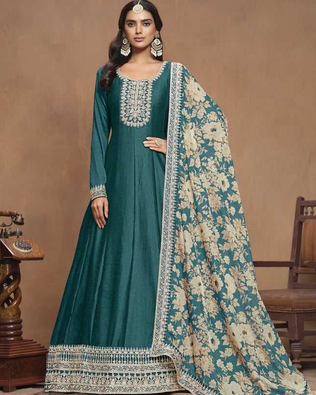 Peacock Green Art Silk Embroidered Anarkali with Dupatta