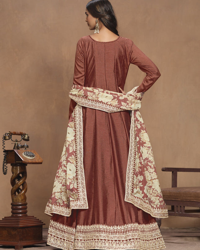 Copper Brown Art Silk Embroidered Anarkali with Dupatta