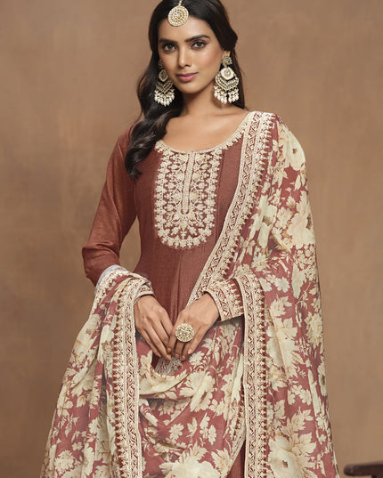 Copper Brown Art Silk Embroidered Anarkali with Dupatta
