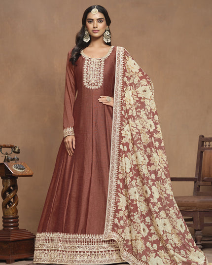 Copper Brown Art Silk Embroidered Anarkali with Dupatta