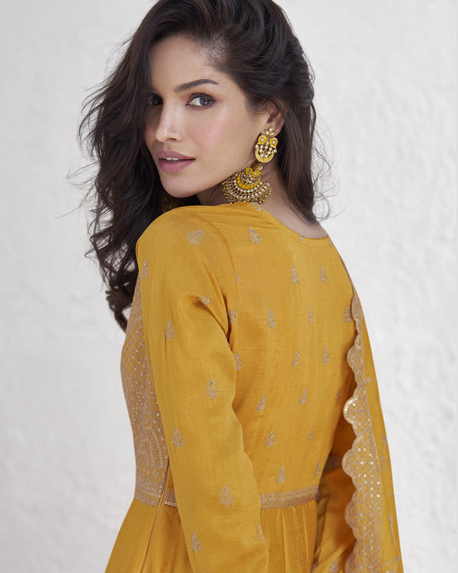 Golden Yellow Premium Silk Embroidered Anarkali Gown with Dupatta