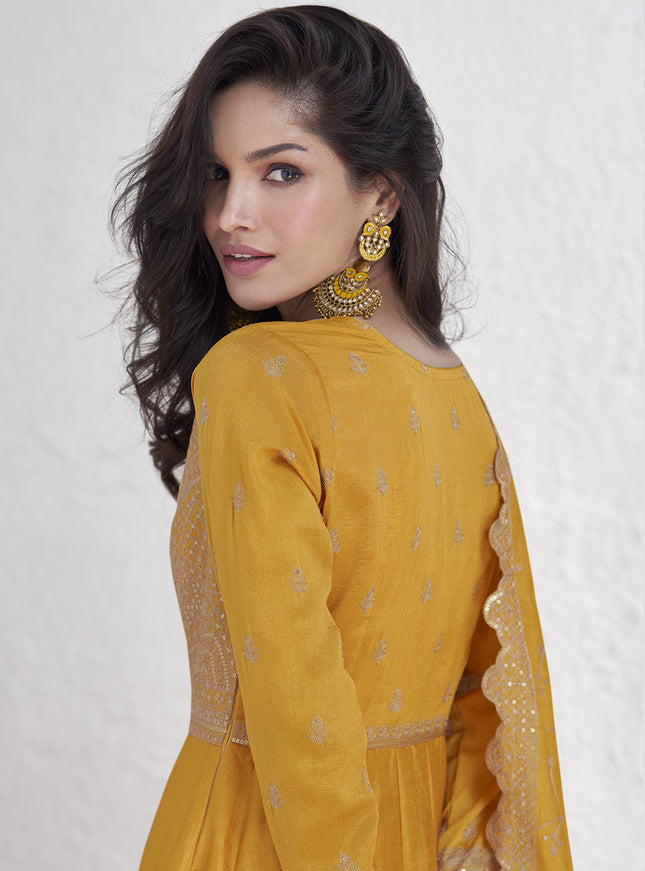 Golden Yellow Premium Silk Embroidered Anarkali Gown with Dupatta