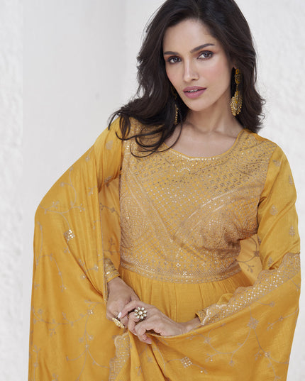 Golden Yellow Premium Silk Embroidered Anarkali Gown with Dupatta