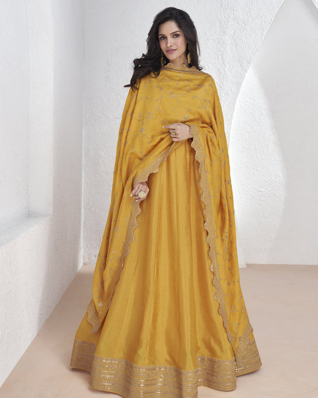 Golden Yellow Premium Silk Embroidered Anarkali Gown with Dupatta