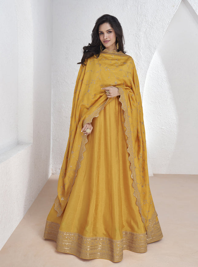 Golden Yellow Premium Silk Embroidered Anarkali Gown with Dupatta