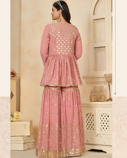 Coral Pink Faux Georgette Embroidered IndoWestern