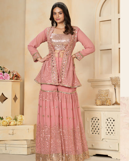 Coral Pink Faux Georgette Embroidered IndoWestern