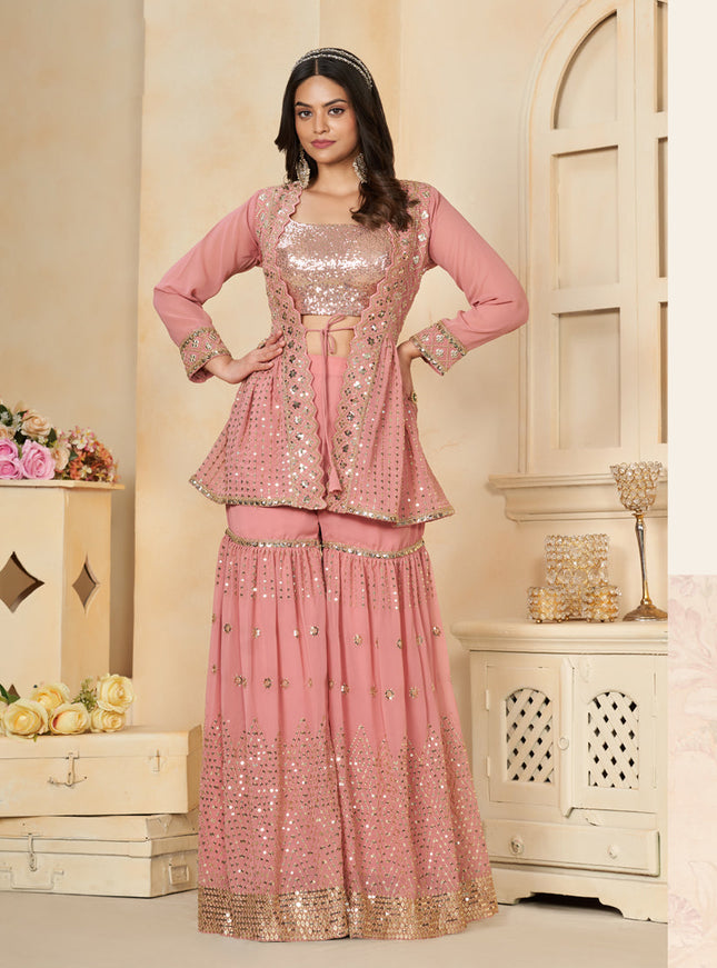Coral Pink Faux Georgette Embroidered IndoWestern