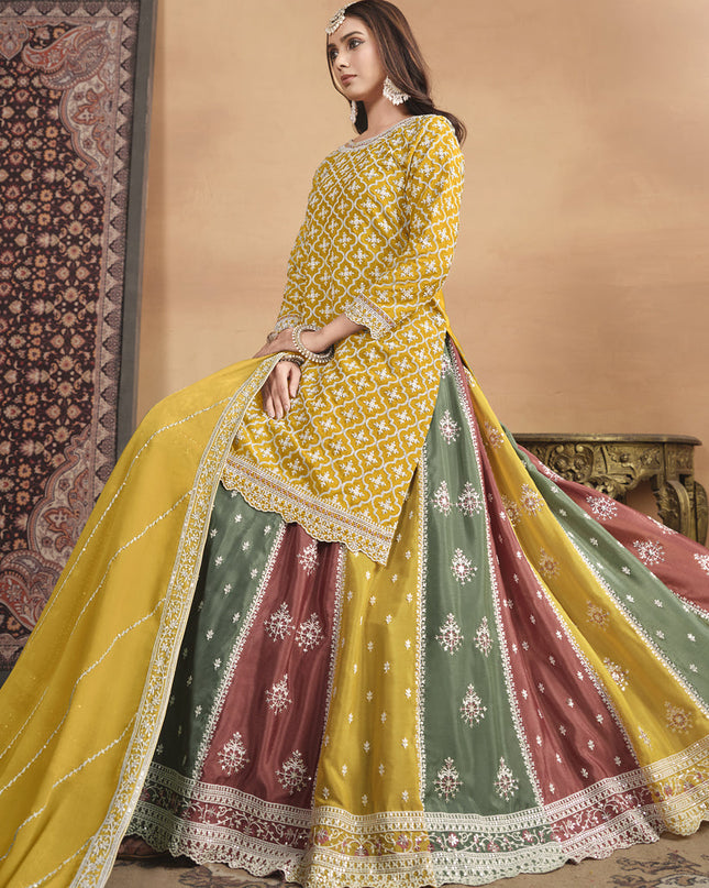 Mustard Chinnon Embroidered Designer Lehenga Kameez