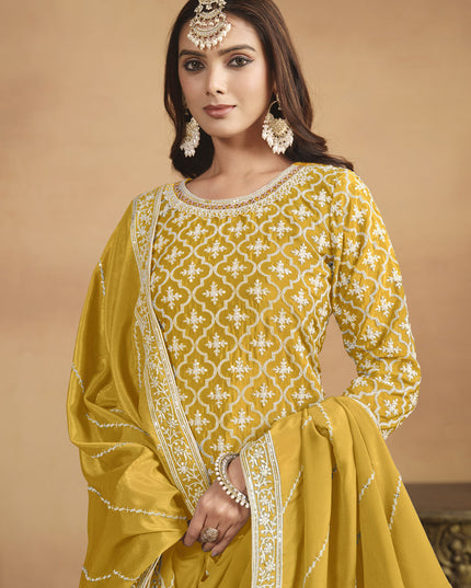 Mustard Chinnon Embroidered Designer Lehenga Kameez