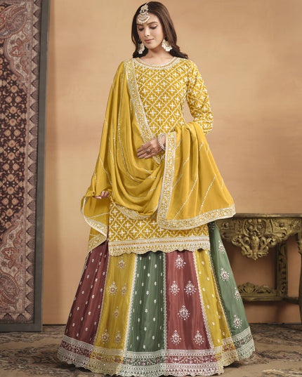 Mustard Chinnon Embroidered Designer Lehenga Kameez