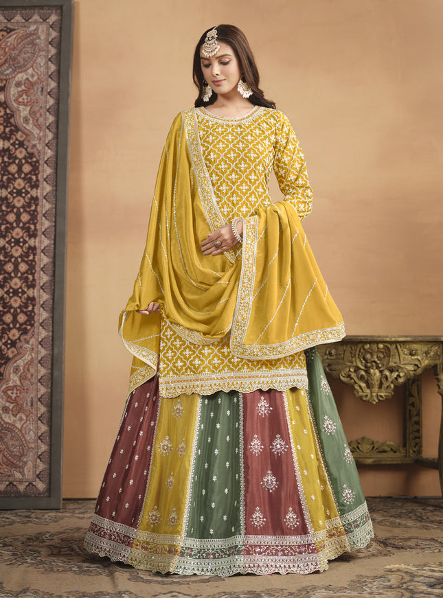 Mustard Chinnon Embroidered Designer Lehenga Kameez