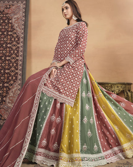 Rust Brown Chinnon Embroidered Designer Lehenga Kameez