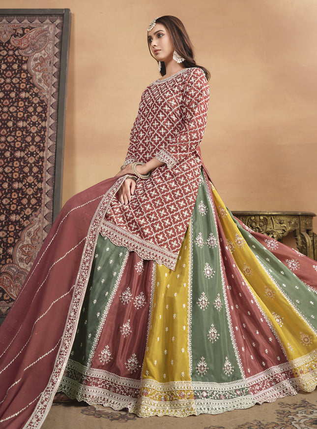 Rust Brown Chinnon Embroidered Designer Lehenga Kameez