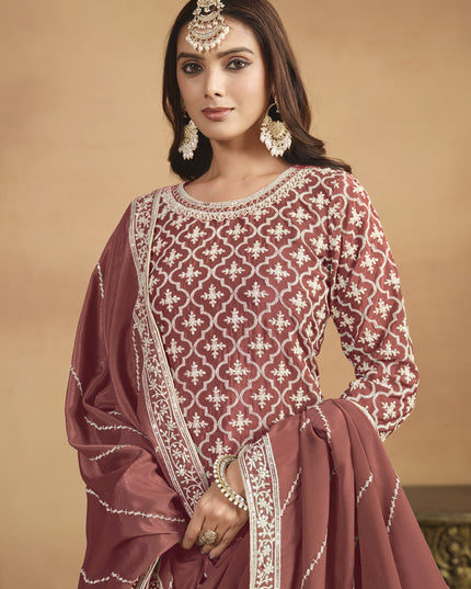 Rust Brown Chinnon Embroidered Designer Lehenga Kameez