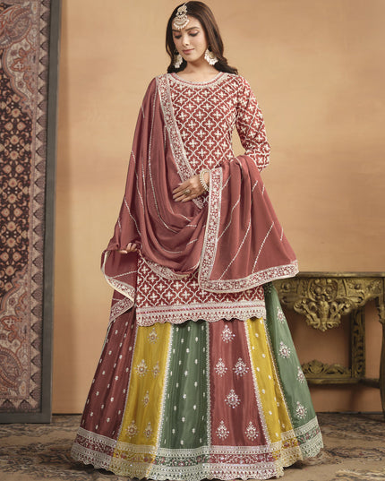 Rust Brown Chinnon Embroidered Designer Lehenga Kameez