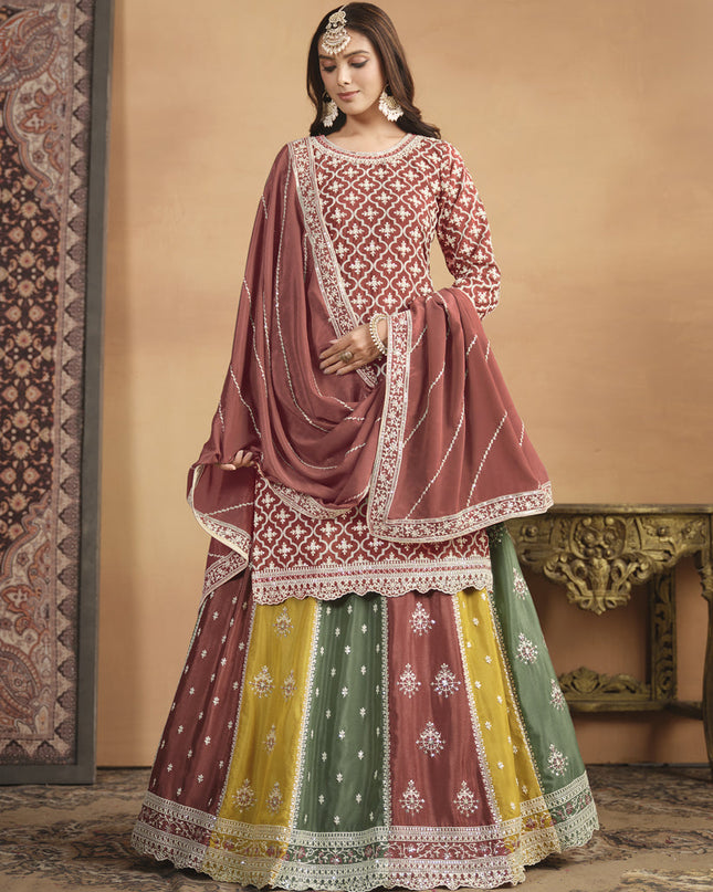 Rust Brown Chinnon Embroidered Designer Lehenga Kameez