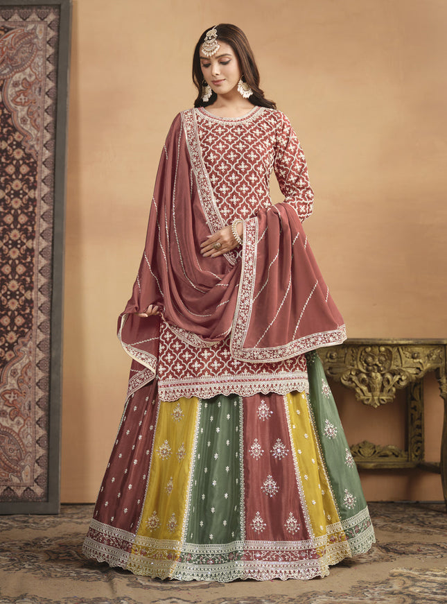 Rust Brown Chinnon Embroidered Designer Lehenga Kameez