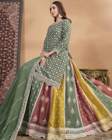 Moss Green Chinnon Embroidered Designer Lehenga Kameez