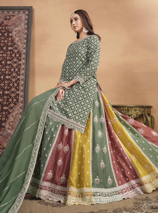 Moss Green Chinnon Embroidered Designer Lehenga Kameez