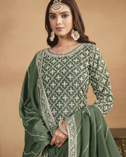 Moss Green Chinnon Embroidered Designer Lehenga Kameez