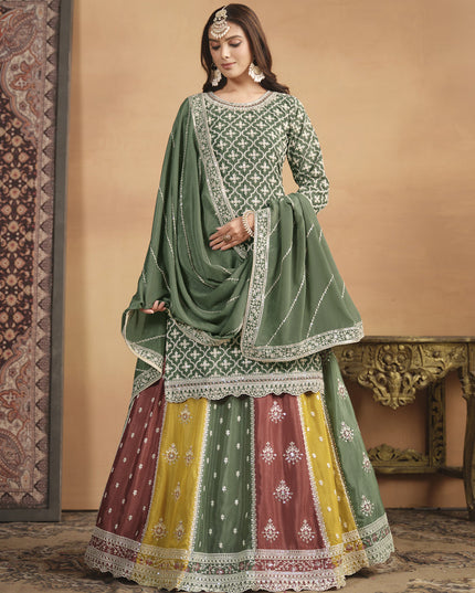 Moss Green Chinnon Embroidered Designer Lehenga Kameez