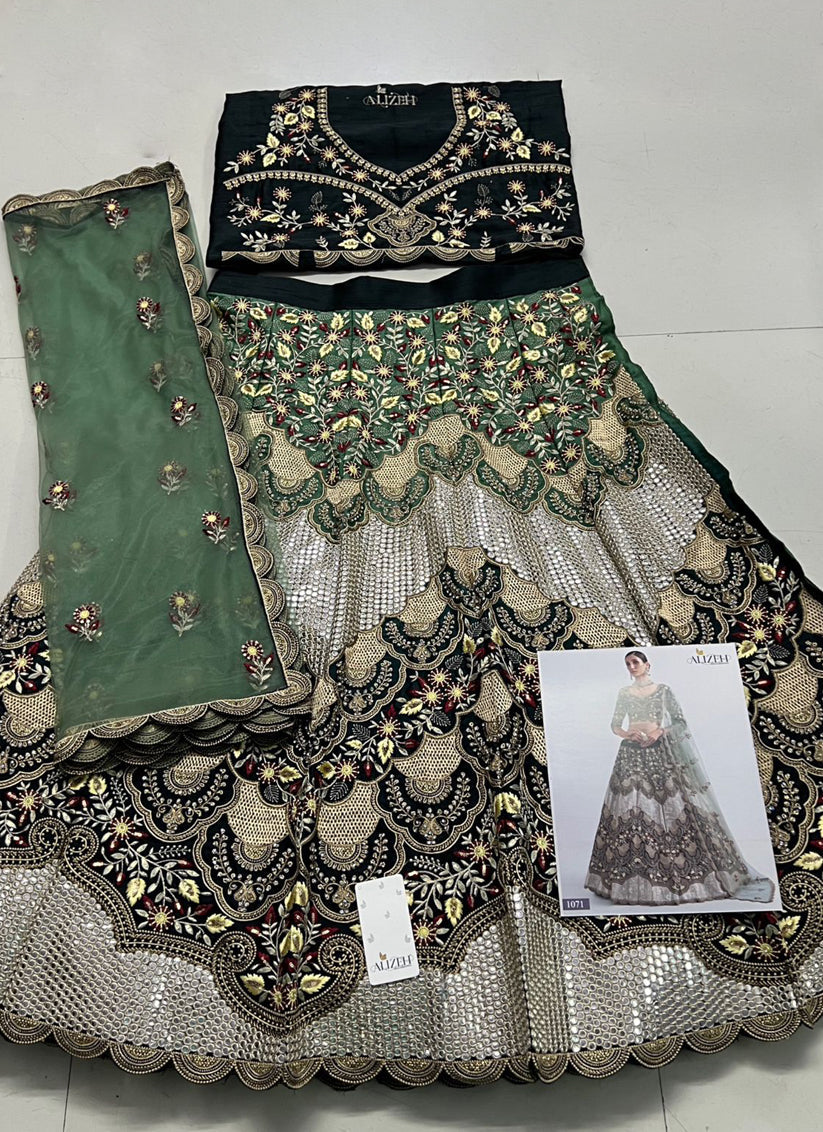 Ombre Green Silk Embroidered Bridal Lehenga Choli