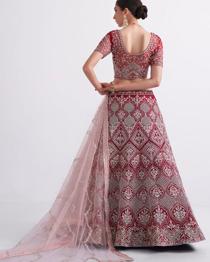Cherry Red Net Embroidered Bridal Lehenga Choli