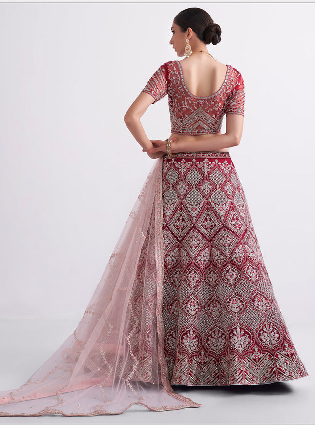 Cherry Red Net Embroidered Bridal Lehenga Choli