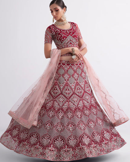 Cherry Red Net Embroidered Bridal Lehenga Choli