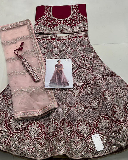 Cherry Red Net Embroidered Bridal Lehenga Choli