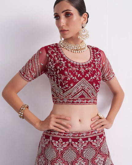 Cherry Red Net Embroidered Bridal Lehenga Choli