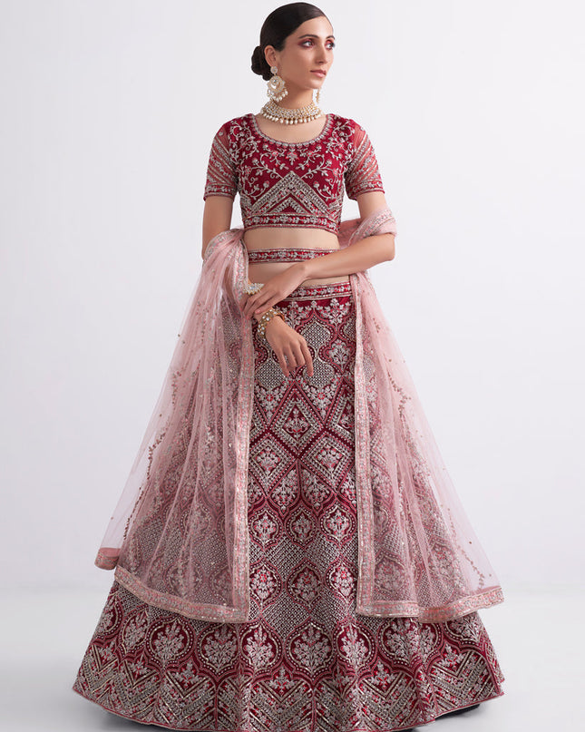 Cherry Red Net Embroidered Bridal Lehenga Choli