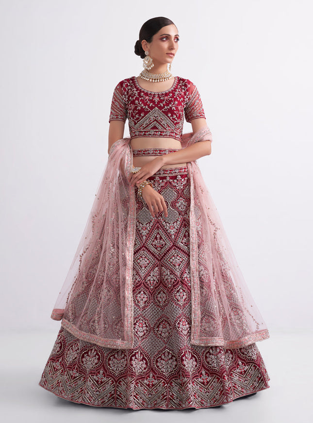 Cherry Red Net Embroidered Bridal Lehenga Choli