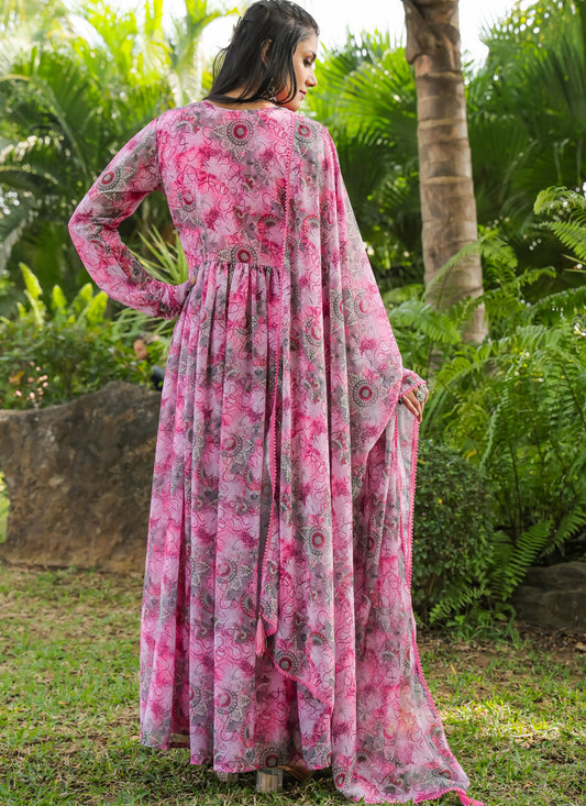 Rose Pink Faux Georgette Gown with Dupatta