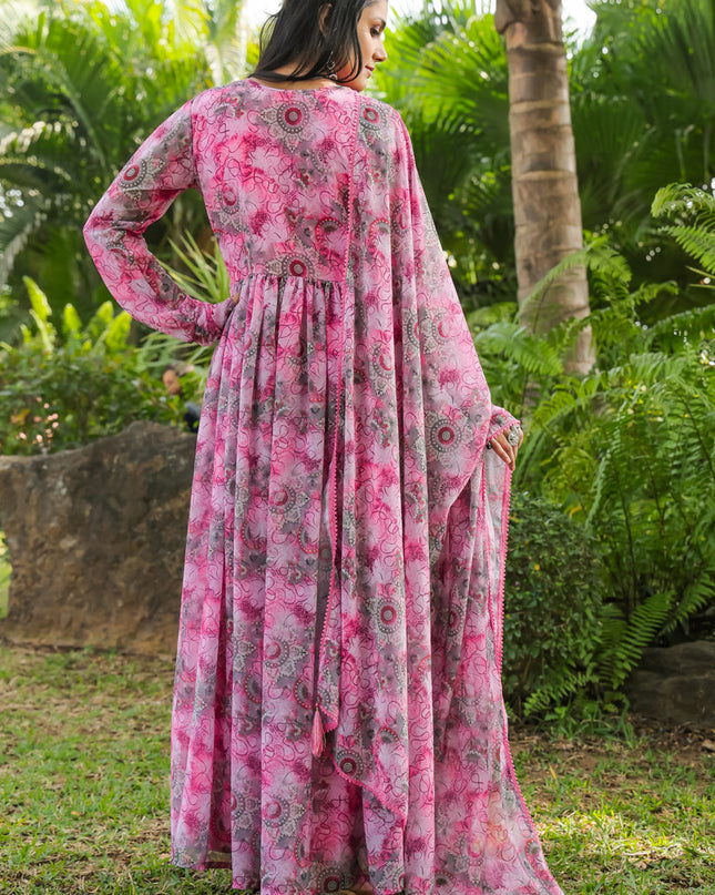 Rose Pink Faux Georgette Gown with Dupatta