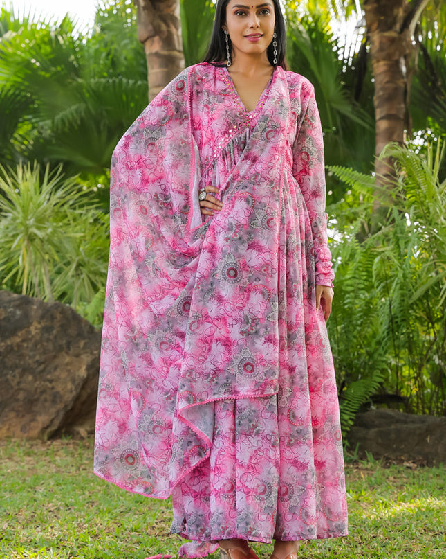 Rose Pink Faux Georgette Gown with Dupatta
