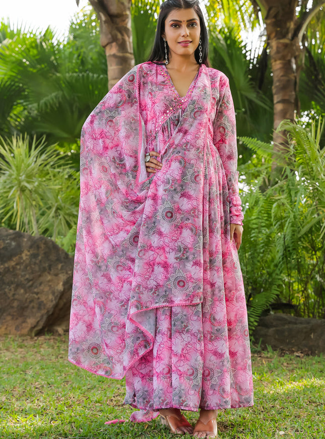 Rose Pink Faux Georgette Gown with Dupatta