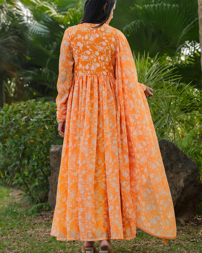 Sunset Orange Faux Georgette Gown with Dupatta