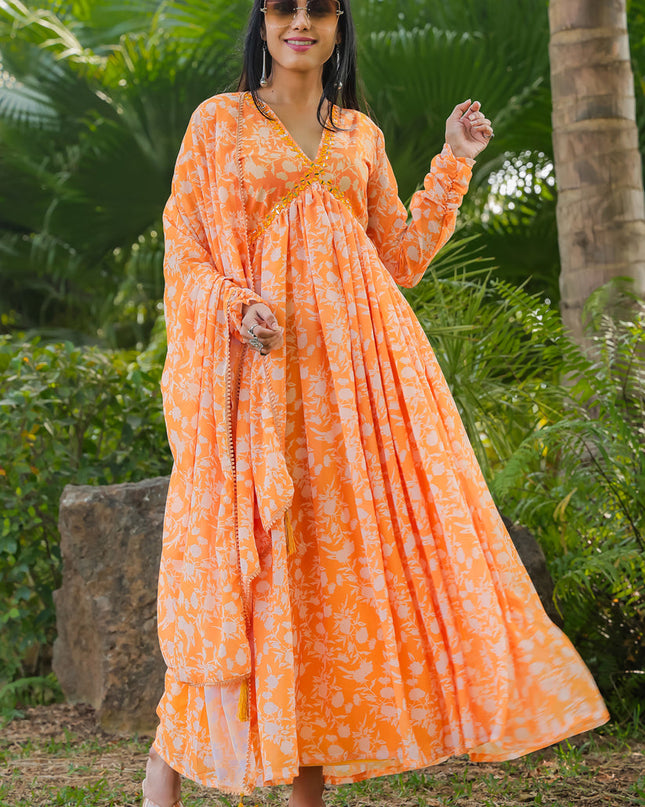 Sunset Orange Faux Georgette Gown with Dupatta