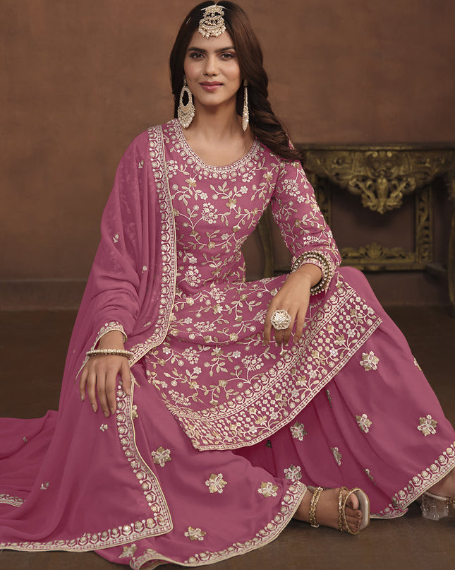Puce Pink Faux Georgette Embroidered Palazzo Kameez