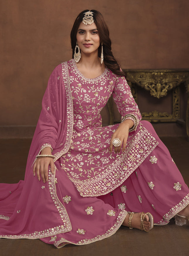 Puce Pink Faux Georgette Embroidered Palazzo Kameez