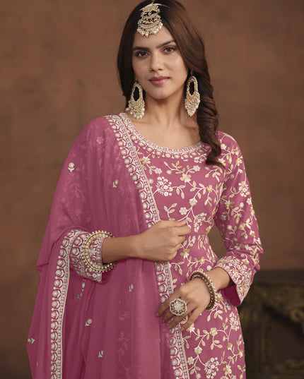 Puce Pink Faux Georgette Embroidered Palazzo Kameez