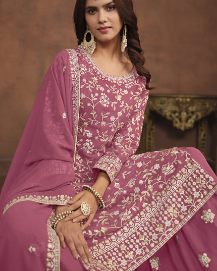 Puce Pink Faux Georgette Embroidered Palazzo Kameez