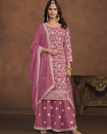 Puce Pink Faux Georgette Embroidered Palazzo Kameez