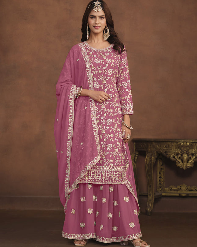 Puce Pink Faux Georgette Embroidered Palazzo Kameez